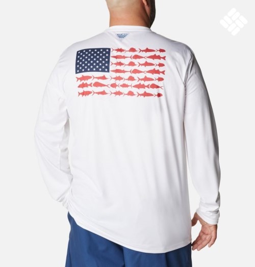 Men's Columbia PFG Terminal Tackle Fish Flag Long Sleeve Sweatshirts White | Plus Size CA-J0431